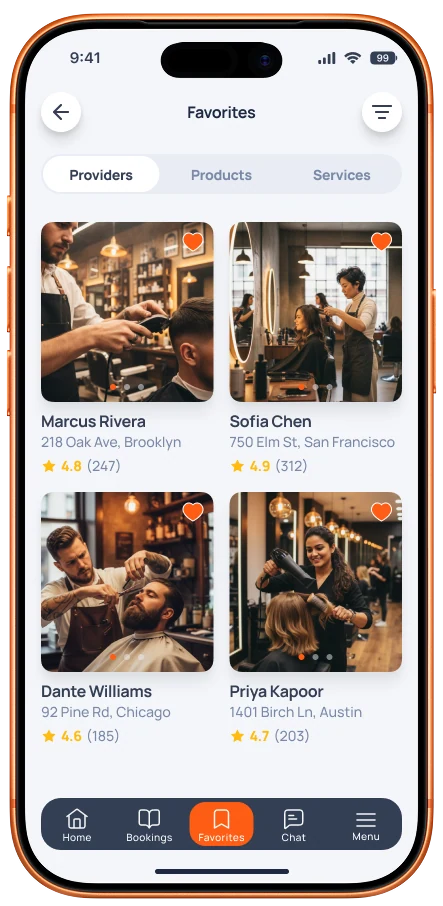 The Blookd app's saved professionals screen
