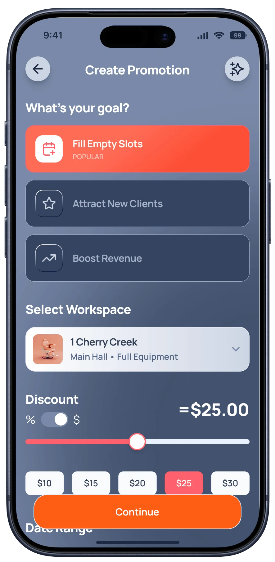 The Blookd Rental app's create promotion screen