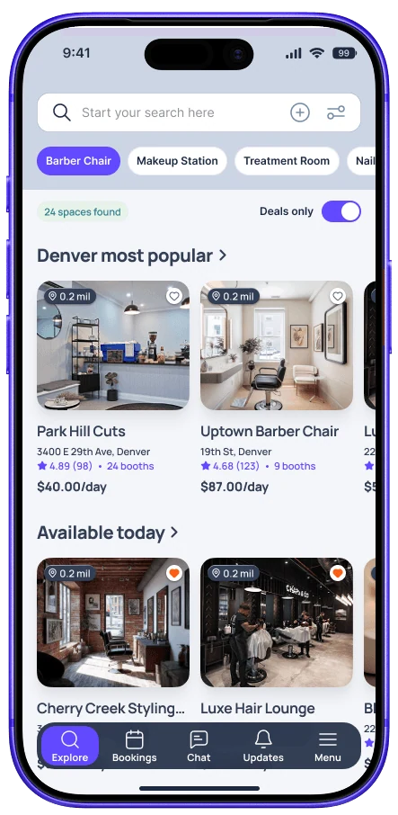 The Blookd Rental app's workspace search screen