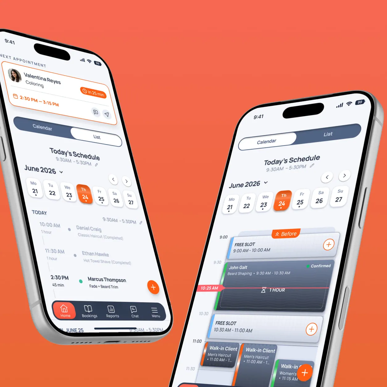 The Blookd Biz app on two phones, showing a pro's day as a list and as a calendar