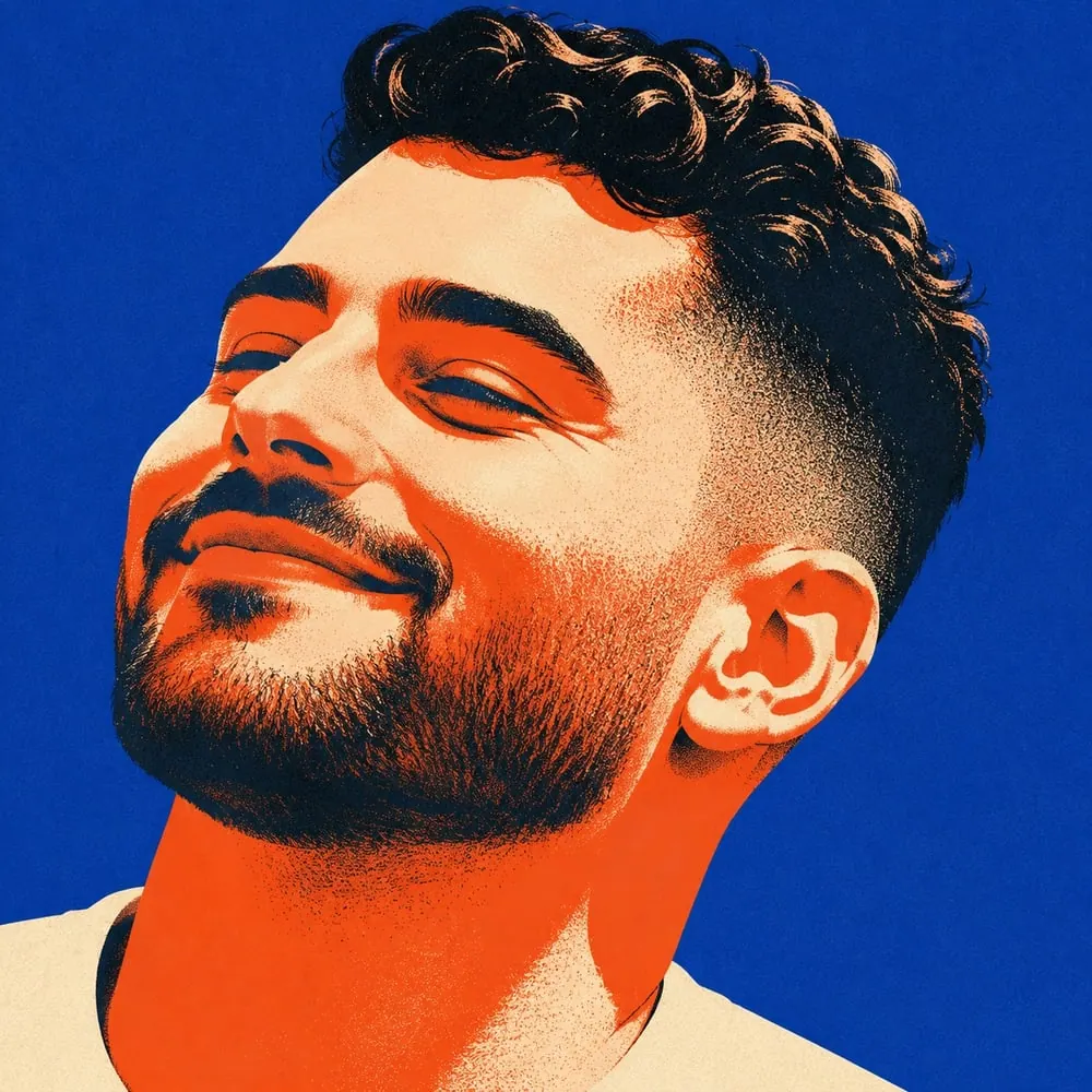 An illustrated portrait of a man looking up