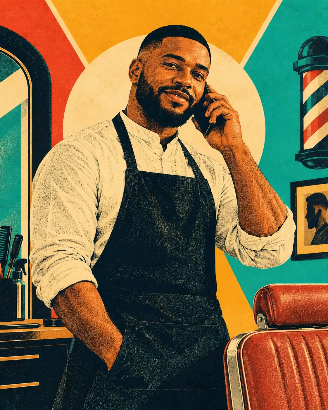 An illustration of a barber on the phone in his shop