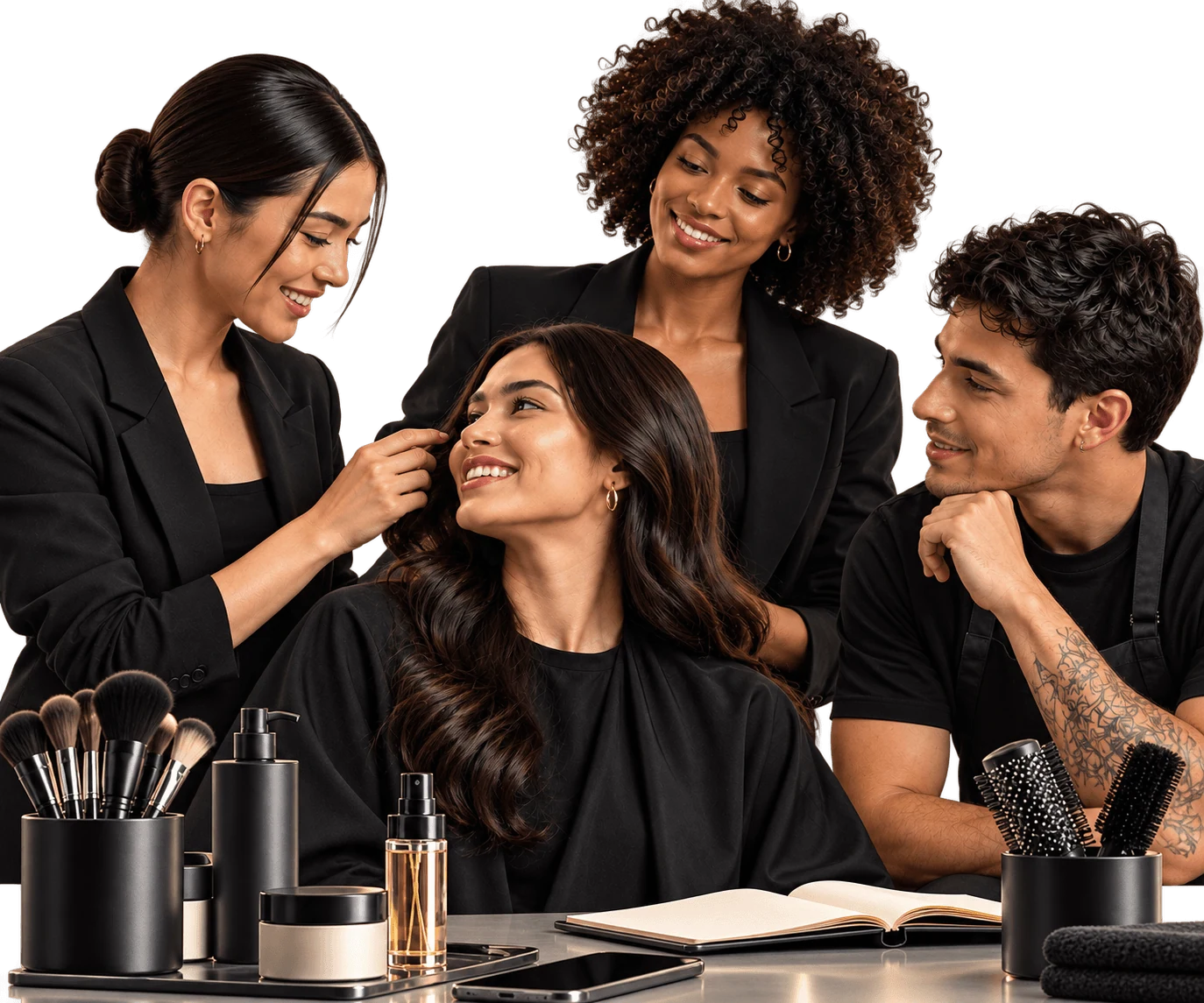 Three stylists around a smiling client at a station of brushes and bottles