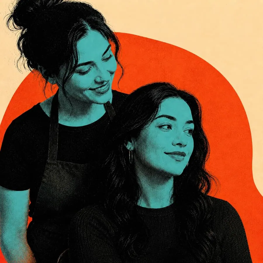 An illustration of a stylist and her client, side by side