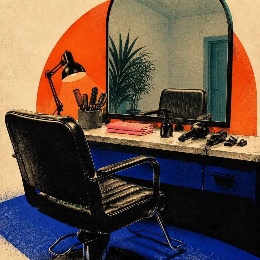 An illustration of a barber's chair, mirror and station