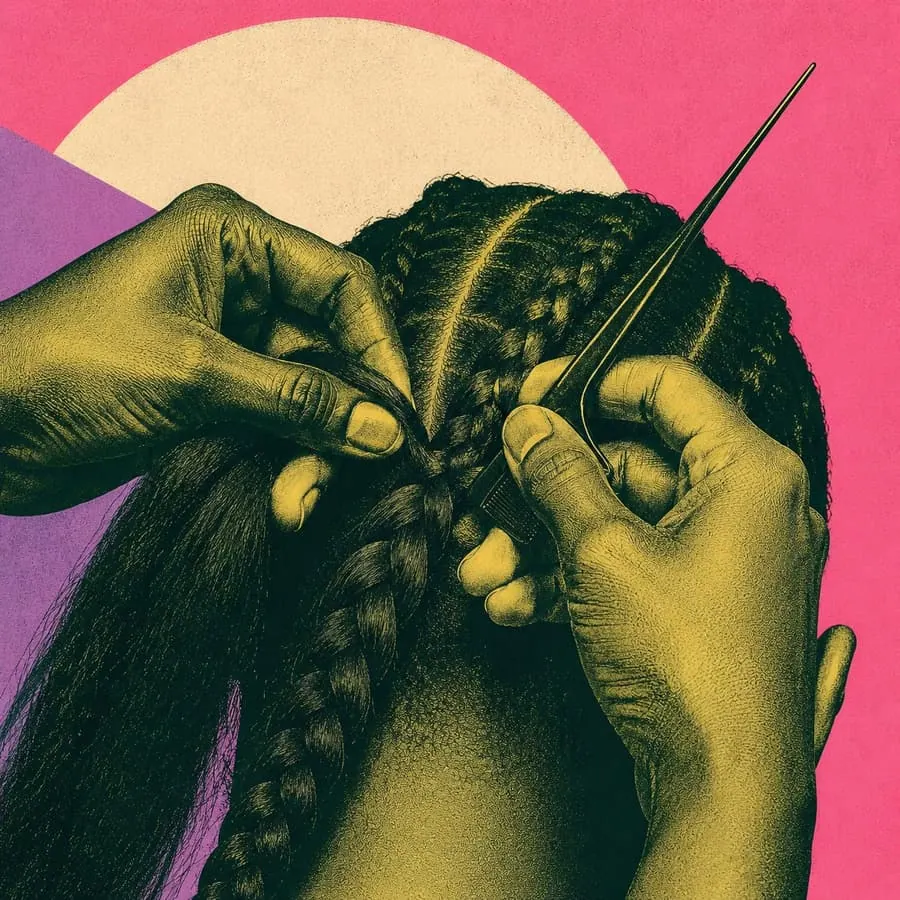 An illustration of a braider's hands parting and plaiting hair