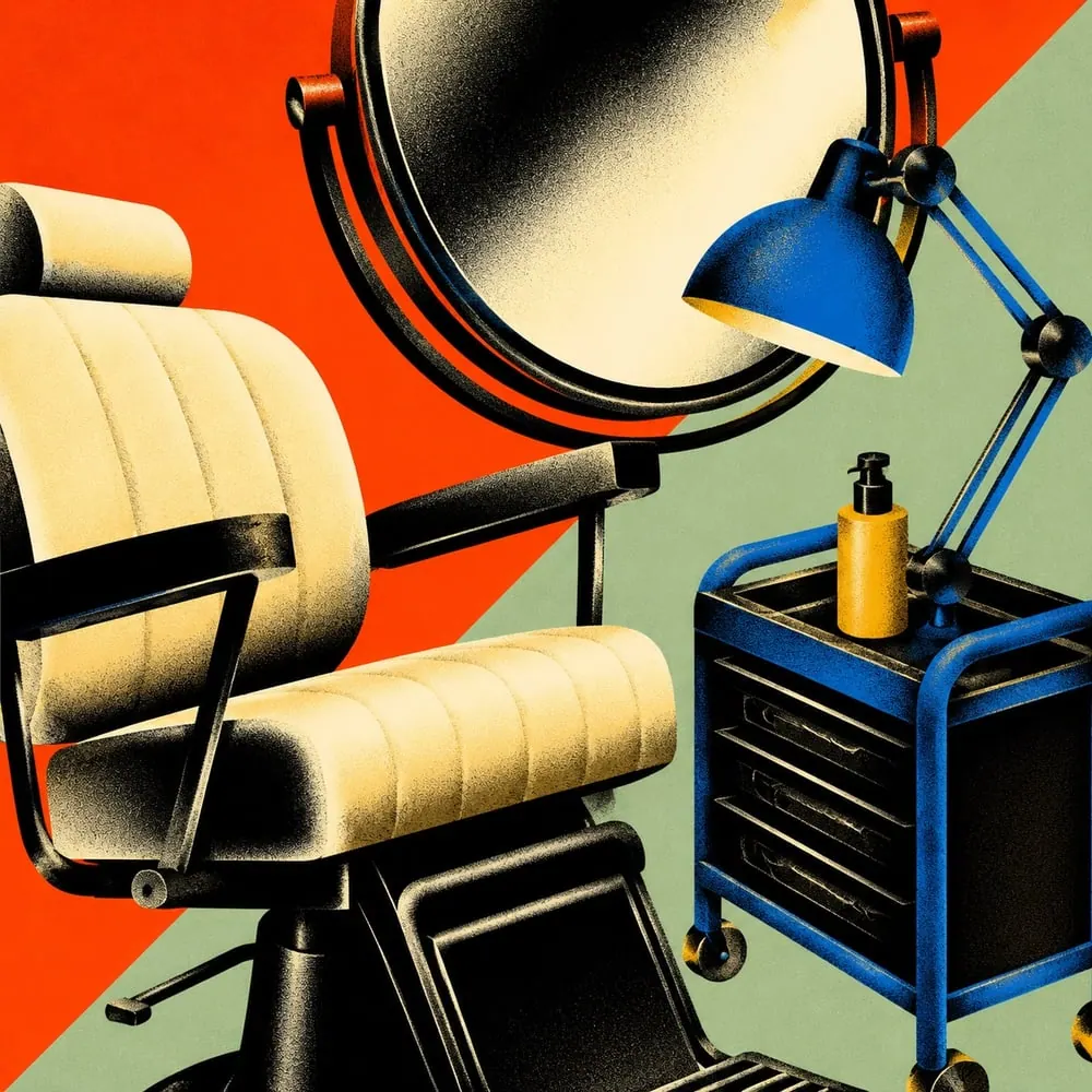 An illustrated barber chair, mirror and tool trolley