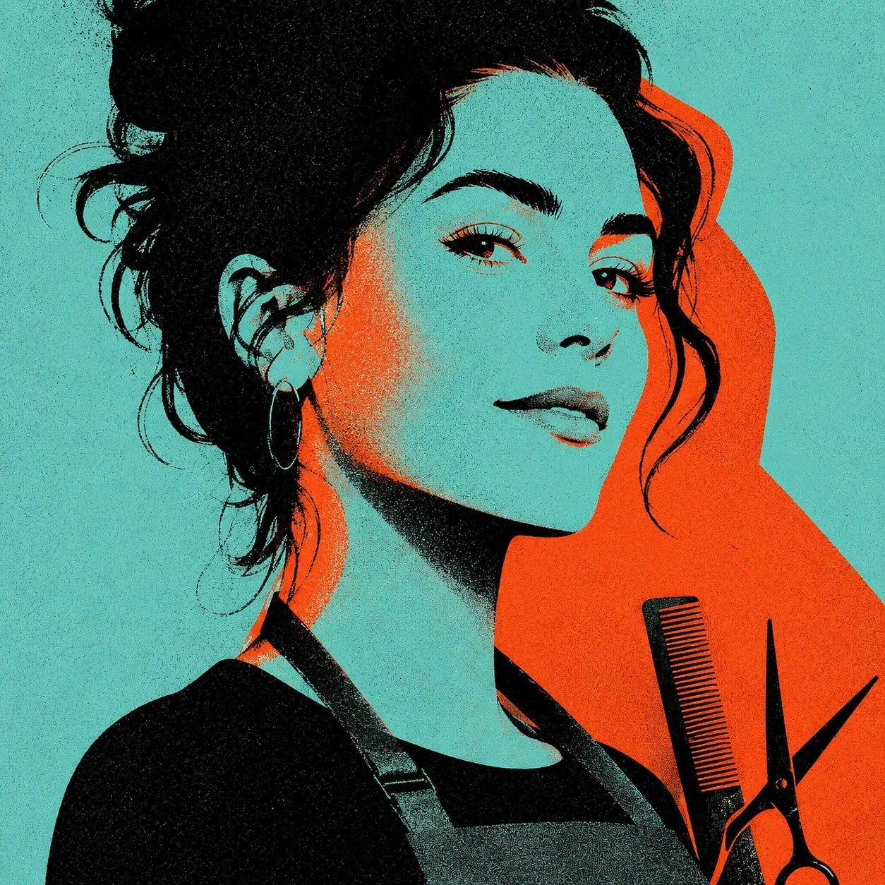 An illustrated portrait of a hair stylist with a comb and scissors