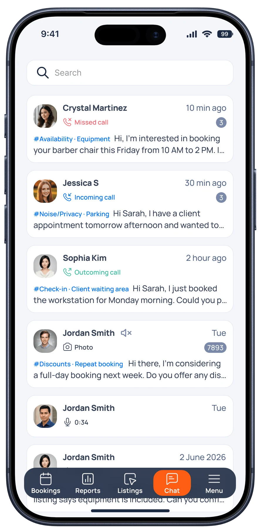 The Blookd Rental app's host inbox screen