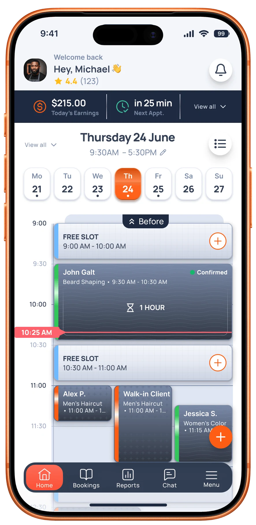 The Blookd app's schedule and next appointment screen